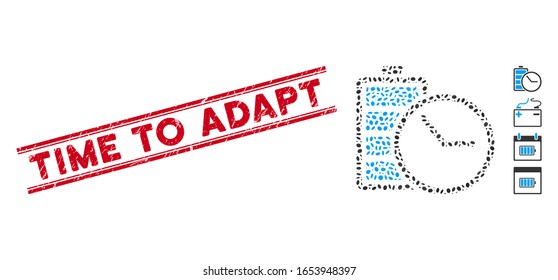 Rubber red stamp seal with Time to Adapt text between double parallel lines, and mosaic battery clock icon. Mosaic vector is composed with battery clock icon and with scattered oval items.