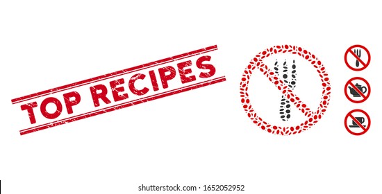 Rubber red stamp seal with Top Recipes caption between double parallel lines, and mosaic no fork icon. Mosaic vector is composed with no fork pictogram and with randomized elliptic spots.