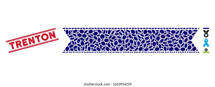 Rubber red stamp seal with Trenton caption inside double parallel lines, and mosaic striped ribbon icon. Mosaic vector is formed with striped ribbon icon and with randomized ellipse spots.