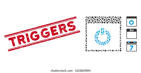 Rubber red stamp seal with Triggers phrase between double parallel lines, and collage switch on calendar page icon.