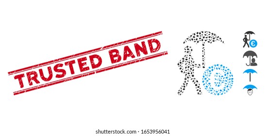 Rubber red stamp seal with Trusted Band phrase between double parallel lines, and mosaic Euro financial umbrella icon.