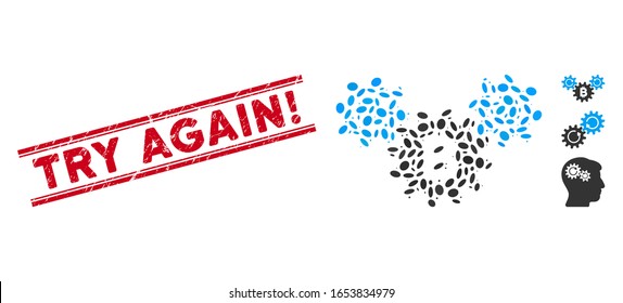 Rubber red stamp seal with Try Again! caption inside double parallel lines, and mosaic Bitcoin wheels rotation icon.