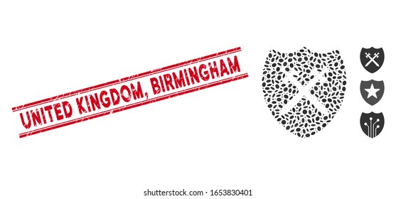 Rubber red stamp seal with United Kingdom, Birmingham caption between double parallel lines, and mosaic security shield icon.