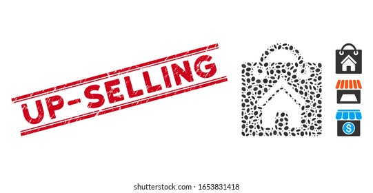 Rubber red stamp seal with Up-Selling phrase inside double parallel lines, and mosaic buy home icon. Mosaic vector is composed with buy home icon and with scattered elliptic elements.