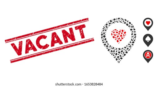 Rubber red stamp seal with Vacant phrase inside double parallel lines, and mosaic casino map marker icon. Mosaic vector is designed with casino map marker icon and with scattered oval items.