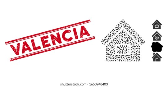 Rubber red stamp seal with Valencia caption inside double parallel lines, and collage TV office icon. Mosaic vector is created with TV office icon and with random oval items.