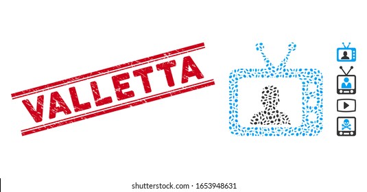 Rubber red stamp seal with Valletta caption between double parallel lines, and mosaic TV speaker icon. Mosaic vector is formed with TV speaker pictogram and with random oval items.