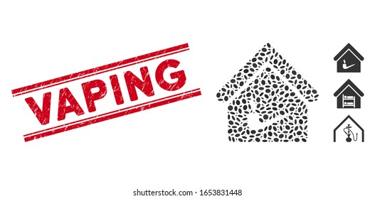 Rubber red stamp seal with Vaping phrase between double parallel lines, and mosaic smoking room icon. Mosaic vector is created with smoking room icon and with random oval spots.