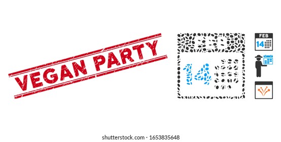 Rubber red stamp seal with Vegan Party caption inside double parallel lines, and mosaic romantic valentine day icon.