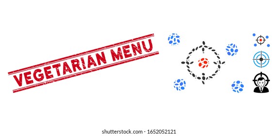 Rubber red stamp seal with Vegetarian Menu caption between double parallel lines, and collage selective icon. Mosaic vector is formed with selective icon and with randomized ellipse items.