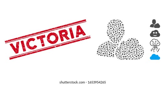 Rubber red stamp seal with Victoria phrase between double parallel lines, and mosaic user cloud icon. Mosaic vector is created from user cloud icon and with scattered elliptic elements.