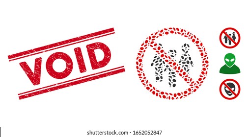 Rubber red stamp seal with Void phrase between double parallel lines, and mosaic no aliens icon. Mosaic vector is designed from no aliens icon and with scattered oval elements.