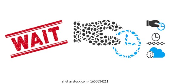 Rubber red stamp seal with Wait caption between double parallel lines, and mosaic clock properties icon. Mosaic vector is composed with clock properties icon and with random oval spots.