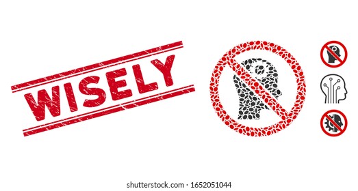 Rubber red stamp seal with Wisely caption between double parallel lines, and mosaic no artificial intelligence icon.