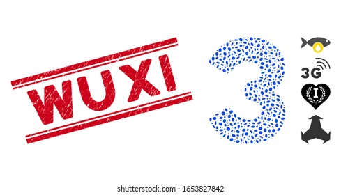 Rubber red stamp seal with Wuxi caption between double parallel lines, and mosaic 3 digit icon. Mosaic vector is composed with 3 digit icon and with random ellipse items.