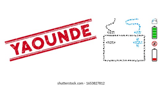 Rubber red stamp seal with Yaounde phrase inside double parallel lines, and mosaic accumulator icon. Mosaic vector is created with accumulator icon and with random elliptic spots.