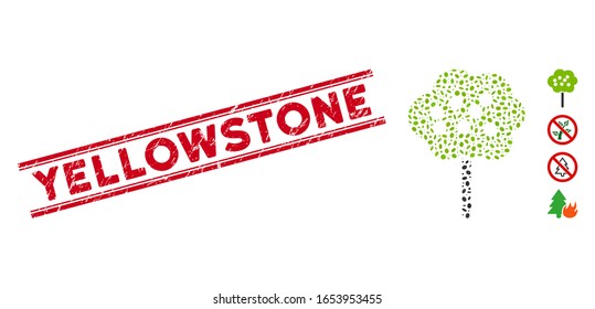 Rubber red stamp seal with Yellowstone text between double parallel lines, and mosaic tree icon. Mosaic vector is formed with tree pictogram and with scattered oval elements.