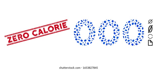 Rubber red stamp seal with Zero Calorie text inside double parallel lines, and mosaic 000 digits text icon. Mosaic vector is formed with 000 digits text icon and with scattered oval spots.