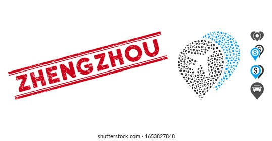Rubber red stamp seal with Zhengzhou text between double parallel lines, and mosaic airport map markers icon.
