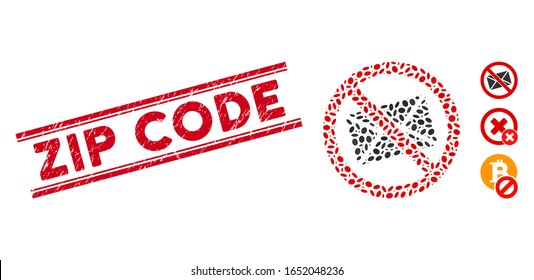 Rubber red stamp seal with Zip Code caption inside double parallel lines, and mosaic no mail icon. Mosaic vector is designed with no mail icon and with scattered oval spots.