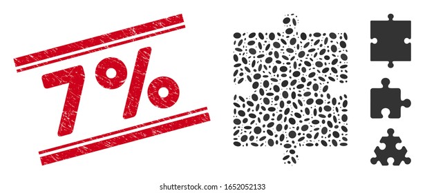 Rubber red stamp watermark with 7% caption inside double parallel lines, and mosaic puzzle part icon. Mosaic vector is created with puzzle part icon and with randomized oval elements.