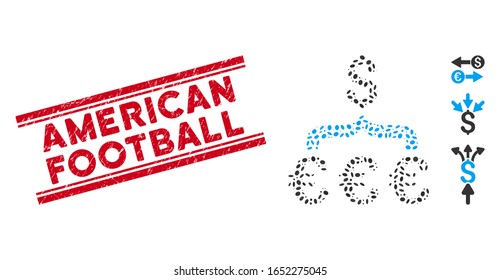 Rubber red stamp watermark with American Football text between double parallel lines, and mosaic Euro Dollar conversion aggregator icon.