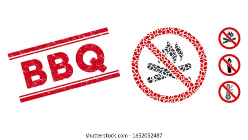 Rubber red stamp watermark with BBQ caption inside double parallel lines, and collage no campfire icon. Mosaic vector is composed from no campfire icon and with scattered oval spots.