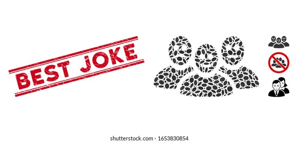 Rubber-rote Stempel-Wasserzeichen mit dem Best Joke-Satz zwischen doppelten parallelen Linien und mosaikischen emotionalen Benutzern Symbol. Mosaike Vektorillustration besteht aus emotionalen Benutzersymbol und mit zufälligen ovalen Elementen.