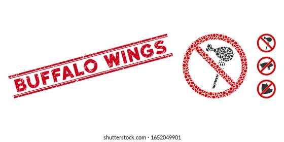 Rubber red stamp watermark with Buffalo Wings caption between double parallel lines, and mosaic no grilled chicken icon.