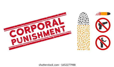 Rubber red stamp watermark with Corporal Punishment caption between double parallel lines, and mosaic ammo bullet icon. Mosaic vector is designed with ammo bullet icon and with scattered oval items.