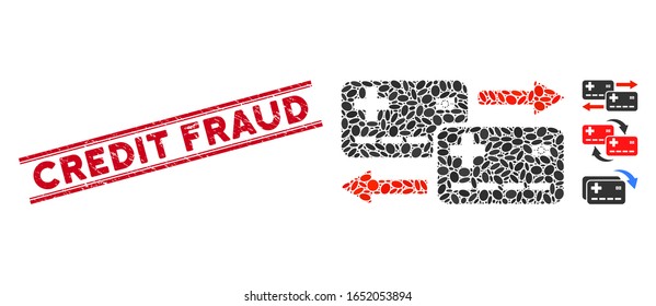Rubber red stamp watermark with Credit Fraud text between double parallel lines, and mosaic medical cards exchange icon.