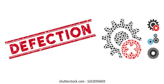 Rubber red stamp watermark with Defection phrase inside double parallel lines, and mosaic wrong settings gear icon.
