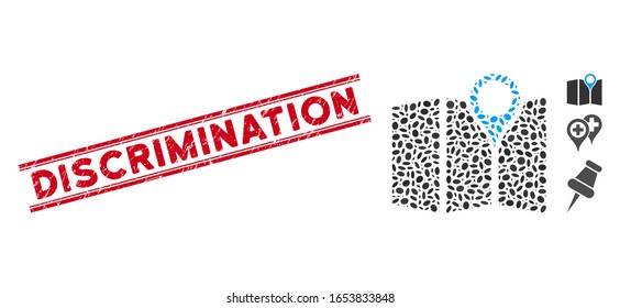Rubber red stamp watermark with Discrimination text inside double parallel lines, and mosaic paper map icon. Mosaic vector is designed from paper map icon and with randomized oval elements.