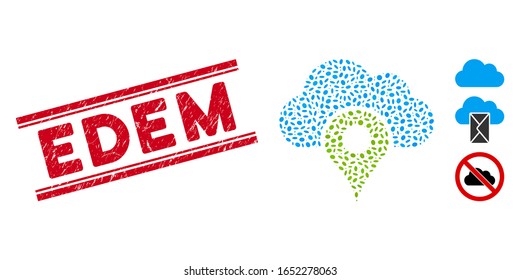 Marca de agua de sello rojo de goma con texto Edem dentro de líneas paralelas dobles e icono de ubicación de nube de collage. El vector mosaico está diseñado con un icono de ubicación en la nube y con elementos elípticos aleatorizados.