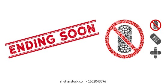 Rubber red stamp watermark with Ending Soon caption between double parallel lines, and mosaic no patch icon. Mosaic vector is composed with no patch icon and with randomized oval elements.