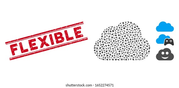 Rubber red stamp watermark with Flexible phrase between double parallel lines, and mosaic cloud icon. Mosaic vector is designed with cloud icon and with randomized ellipse items.
