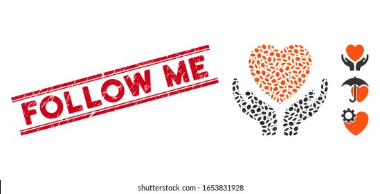 Rubber red stamp watermark with Follow Me phrase inside double parallel lines, and mosaic heart care icon. Mosaic vector is designed with heart care icon and with scattered elliptic spots.