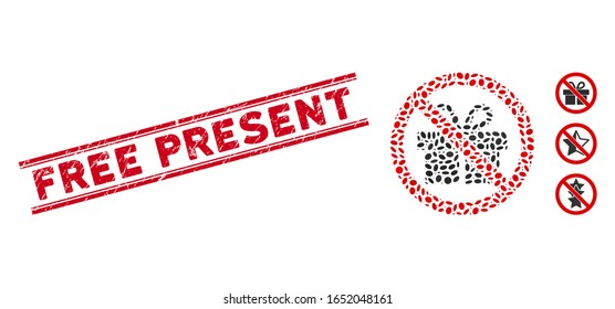 Rubber red stamp watermark with Free Present text inside double parallel lines, and mosaic no gifts icon. Mosaic vector is designed with no gifts icon and with random ellipse items.