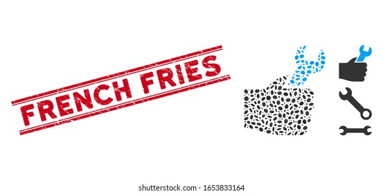 Rubber red stamp watermark with French Fries phrase between double parallel lines, and mosaic service hand icon. Mosaic vector is designed with service hand icon and with random ellipse spots.