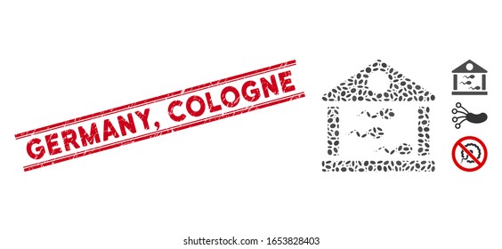 Rubber red stamp watermark with Germany, Cologne caption between double parallel lines, and mosaic sperm bank icon. Mosaic vector is formed with sperm bank icon and with random oval items. Germany,