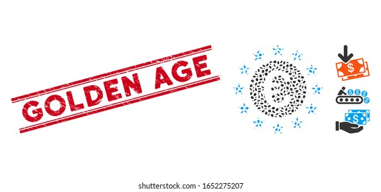 Rubber red stamp watermark with Golden Age text between double parallel lines, and mosaic Euro union stars icon. Mosaic vector is created from Euro union stars icon and with random oval items.