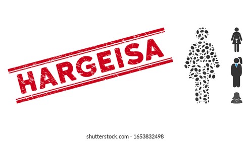 Rubber red stamp watermark with Hargeisa caption inside double parallel lines, and mosaic woman icon. Mosaic vector is created with woman icon and with scattered elliptic items.