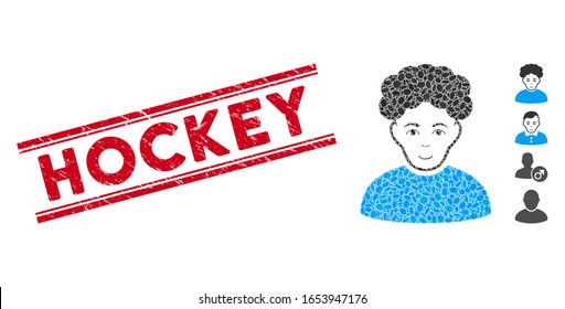Rubber red stamp watermark with Hockey text inside double parallel lines, and collage brunet man icon. Mosaic vector is formed with brunet man icon and with random oval items.