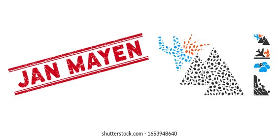 Rubber red stamp watermark with Jan Mayen phrase inside double parallel lines, and mosaic airplane mountain crash icon.