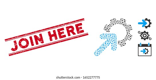 Rubber red stamp watermark with Join Here text inside double parallel lines, and mosaic integration cog icon. Mosaic vector is designed with integration cog icon and with random elliptic elements.