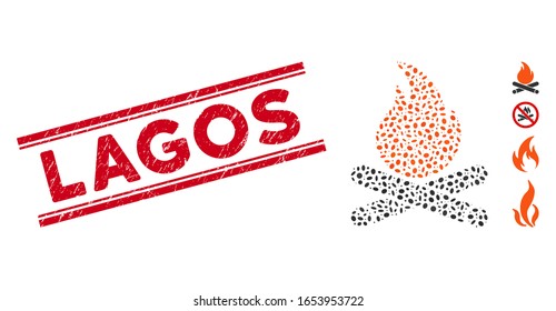 Rubber red stamp watermark with Lagos phrase between double parallel lines, and mosaic campfire icon. Mosaic vector is designed with campfire icon and with scattered elliptic elements.