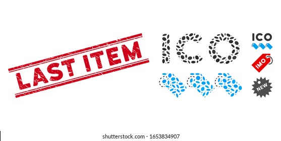 Rubber red stamp watermark with Last Item text inside double parallel lines, and mosaic ICO tokens icon. Mosaic vector is created with ICO tokens pictogram and with random oval items.