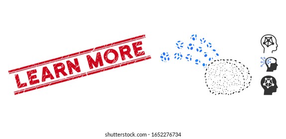 Rubber red stamp watermark with Learn More phrase between double parallel lines, and mosaic brain radio interface icon.