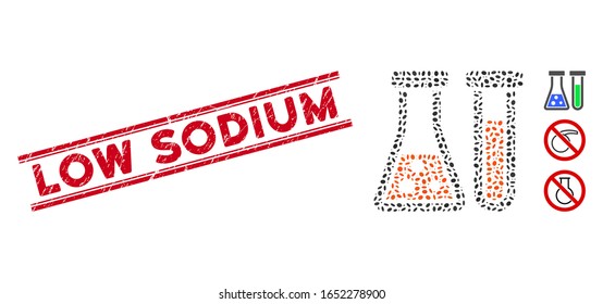 Rubber red stamp watermark with Low Sodium caption between double parallel lines, and mosaic chemistry icon. Mosaic vector is created with chemistry icon and with scattered ellipse spots.