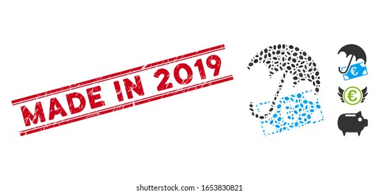 Rubber red stamp watermark with Made in 2019 phrase inside double parallel lines, and mosaic Euro financial umbrella icon.